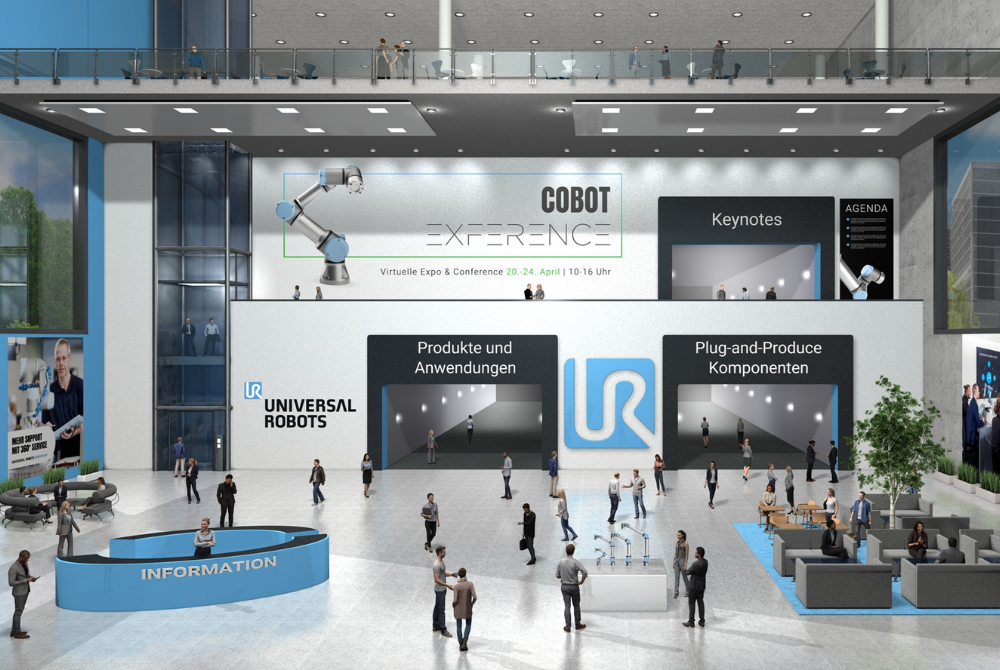 Ansicht auf die Haupthalle der Virtuellen Messe “COBOT EXFERENCE” von Universal Robots.