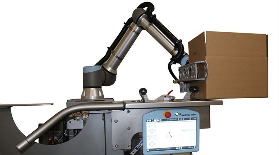 The XPAK ROBOX box erector is powered by a UR10e cobot