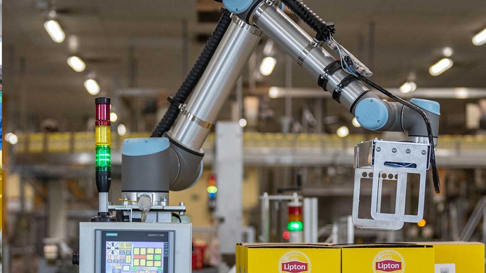 UR10 robot çay poşetleriyle dolu bir kutuyu alır