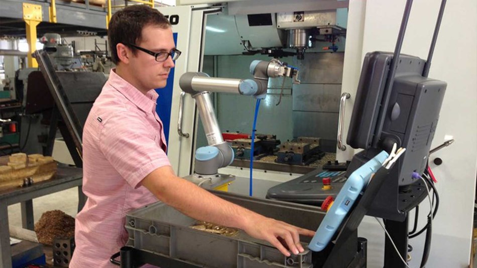 RSS Manufacturing and Phylrich in Southern California uses a UR5 cobot to load and unload parts in a CNC machine.