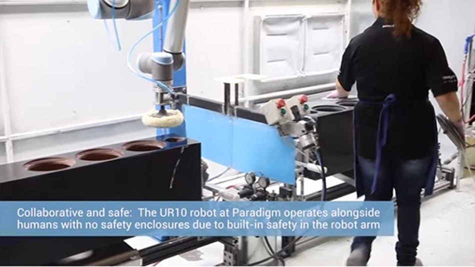 UR robot polishes loudspeaker cabinets at Paradigm Electronics in Toronto