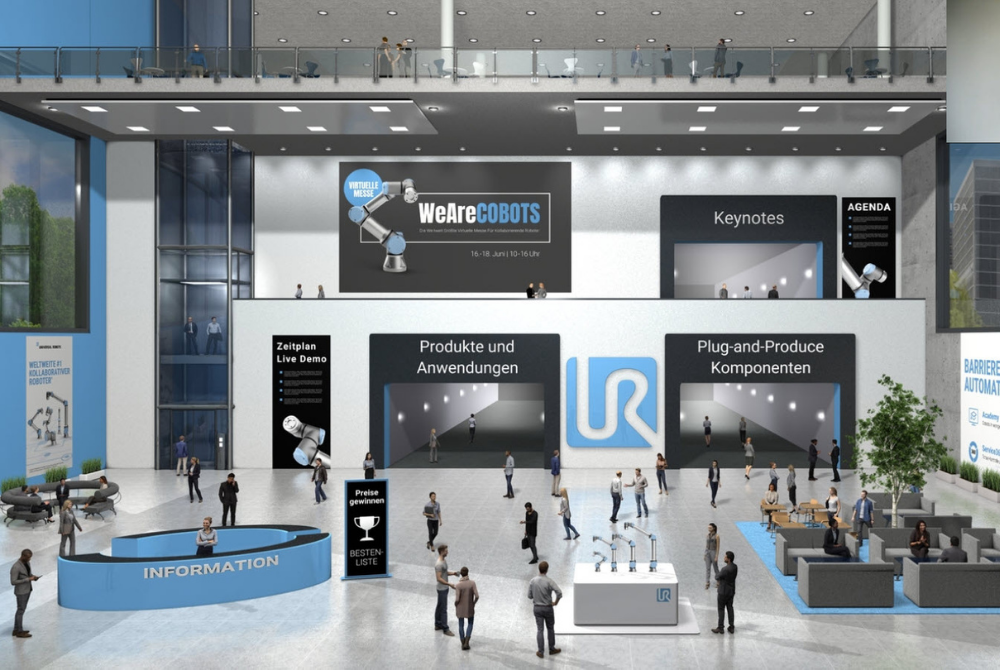 Ansicht auf die Haupthalle der Virtuellen Messe “WE ARE COBOTS - The World’s Largest Collaborative Robot Expo”.