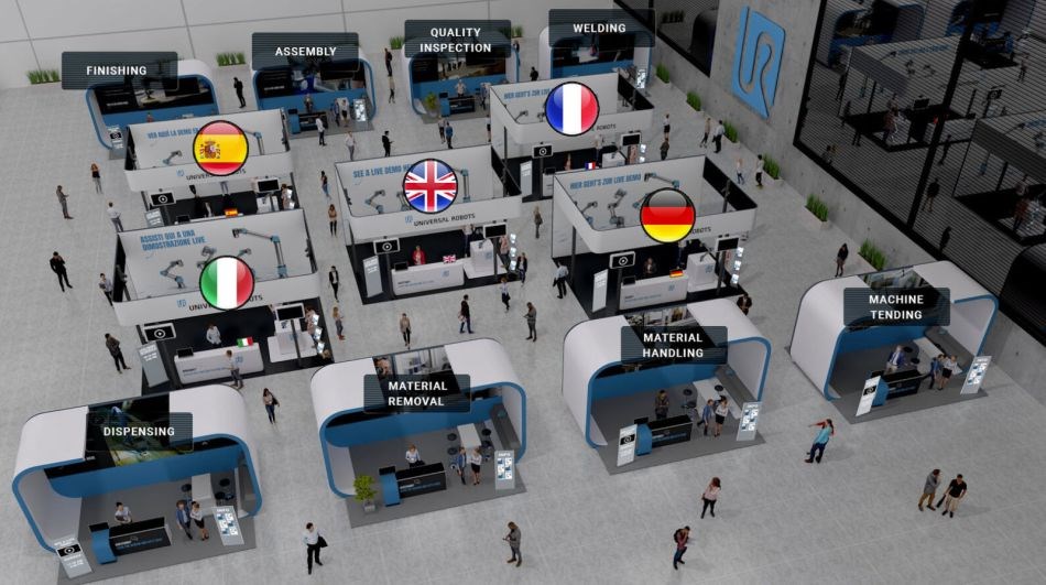 Ansicht auf die Stände der Virtuellen Messe “WE ARE COBOTS - The World’s Largest Collaborative Robot Expo”.