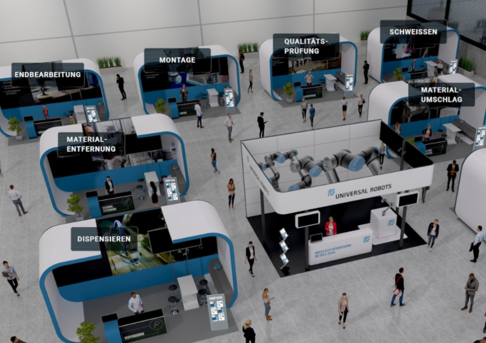 Ansicht auf die Stände in der Halle “Produkte und Anwendungen” in der Virtuellen Messe “COBOT EXFERENCE” von Universal Robots.