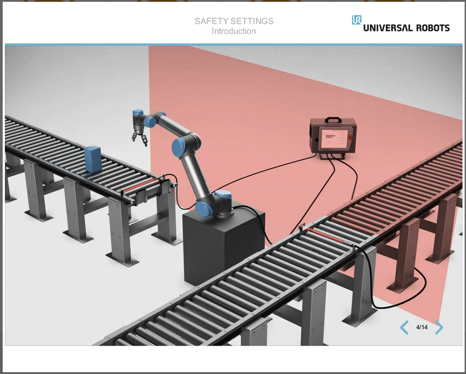 Das Bild ist ein Screenshot aus einer virtuellen Lernumgebung für die Roboterprogrammierung. Es zeigt einen Roboterarm an zwei Förderbändern. Eine rote Ebene zieht sich durch das Bild.