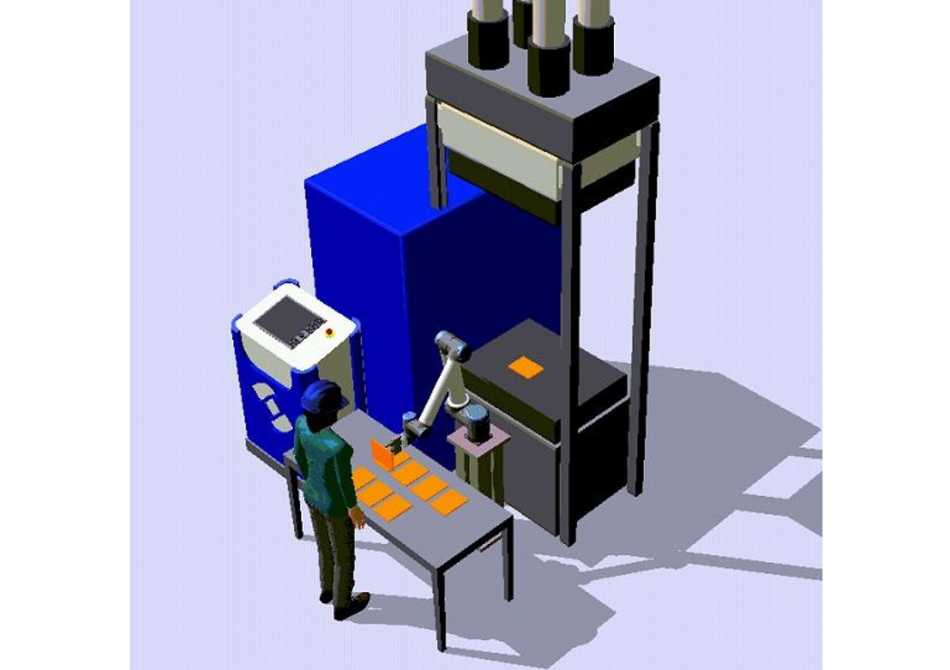Ein simuliertes Bild zeigt eine Frau mit einem Schutzhelm, die vor einem Roboterarm steht, der sich von oben in Richtung der Frau bewegt.
