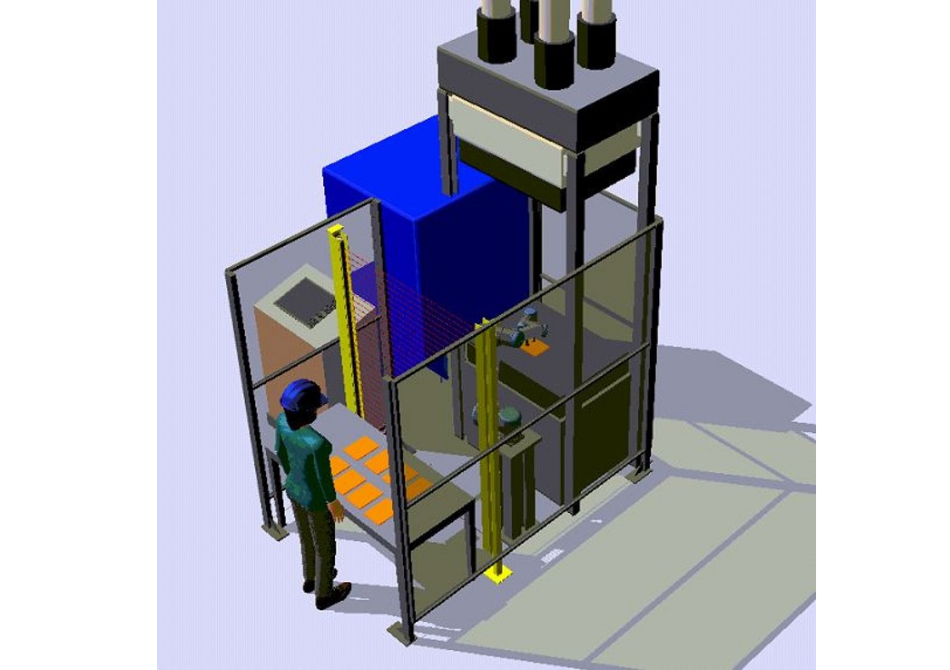 Eine Frau mit einem Schutzhelm steht vor einem Roboterarm, der von links, rechts und hinten eingezäunt wird. Die Abbildung stammt aus einem Simulationsprogramm.