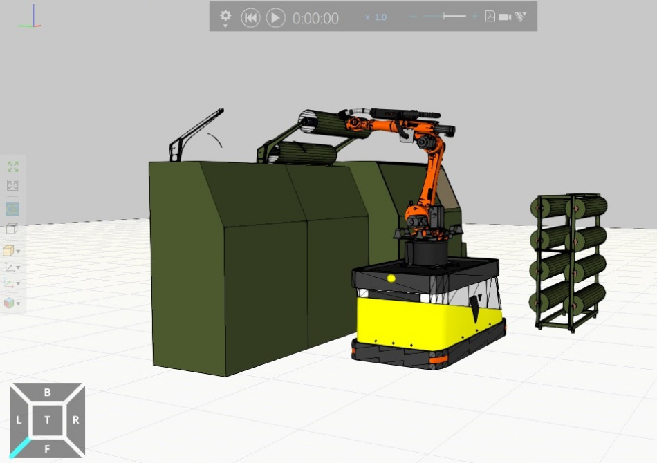 Ein 3D-Modell zeig einen Roboterarm, der die Walzen von einer Ringspinnmaschine wechselt.