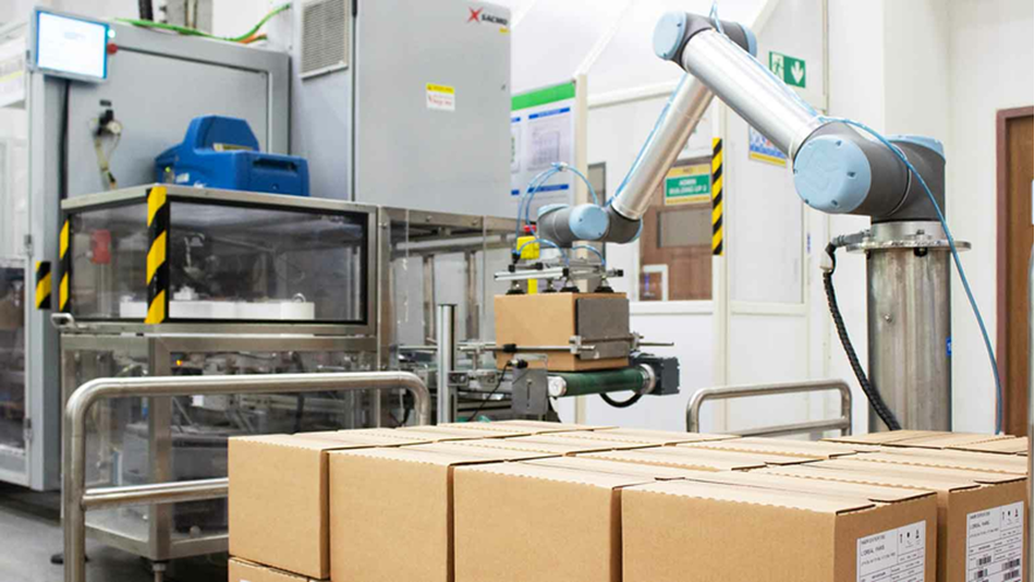 cánh tay robot cộng tác thực hiện xếp hàng lên pallet.