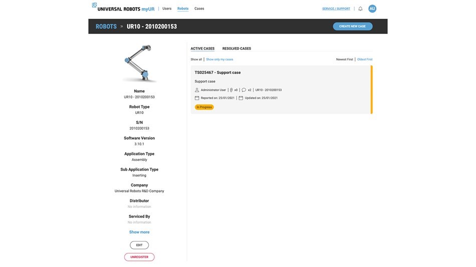 Los usuarios de myUR pueden acceder rápidamente al estado de su ticket para cada robot.