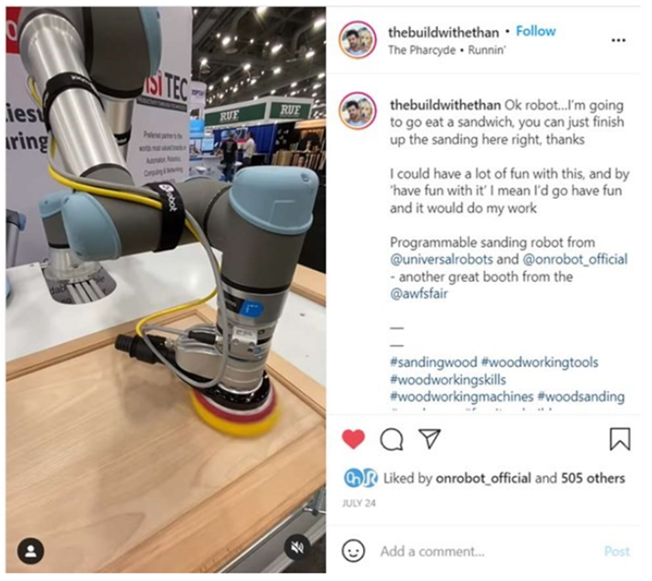 Instagram post van één van de vele AWSF bezoekers die al snel de voordelen van cobots inzag. 