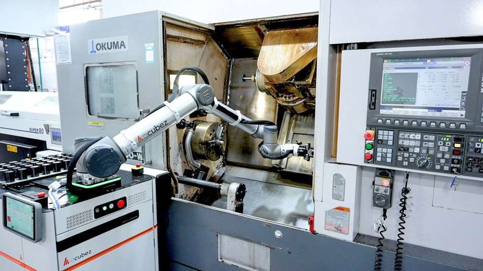 UR10 cobot arm, integrated with the acubez platform, working uninterrupted - even during weekends - with a mill-turning CNC machine at EMI Integrated Systems. 