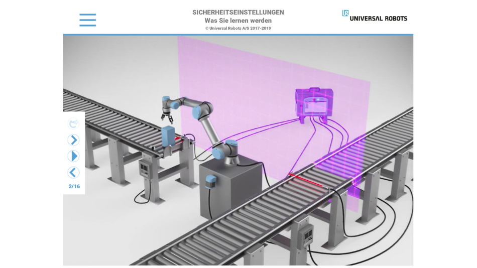 Das Bild ist ein Screenshot aus einer virtuellen Lernumgebung für die Roboterprogrammierung. Es zeigt einen Roboterarm an zwei Förderbändern. Eine rote Ebene zieht sich durch das Bild.