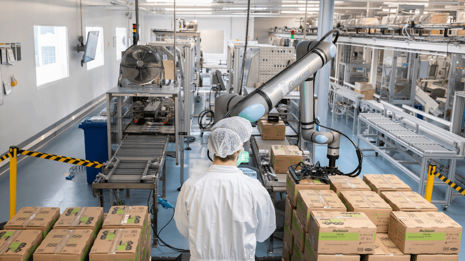 Der Cobot legt die Kartons in einem perfekten Muster ab. 